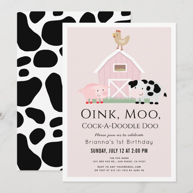 Farm Animals Barnyard Pink Girl 1st Birthday Invitation (Front/Back)