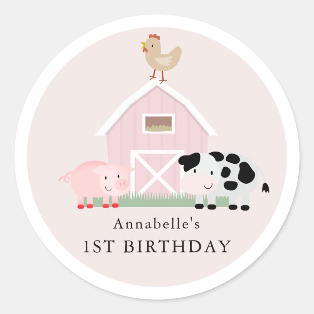 Farm Animals Barnyard Pink Girl Birthday Classic Round Sticker (Front)