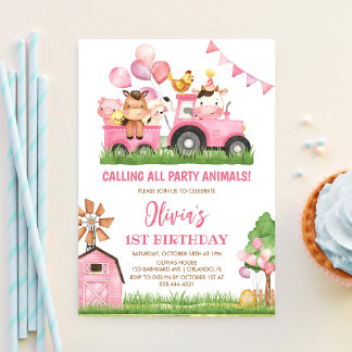 Farm Animals, Barnyard, Ranch Girls 1st Birthday Invitation