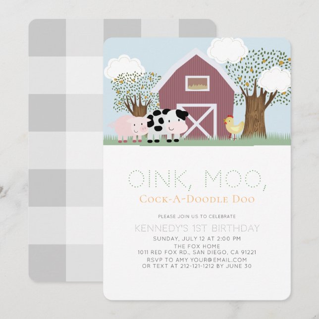 Farm Animals Barnyard Red Barn 1st Birthday Invitation (Front/Back)