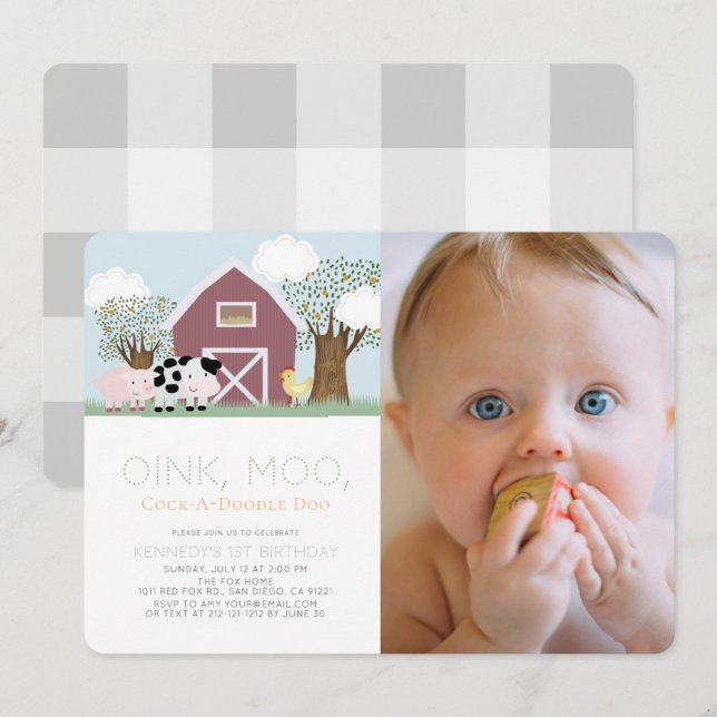 Farm Animals Barnyard Red Barn 1st Birthday Photo Invitation (Front/Back)