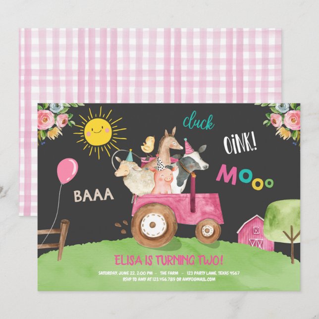 Farm Animals Barnyard Tractor Pink Farmhouse Party Invitation (Front/Back)