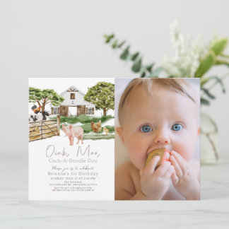 Farm Animals Barnyard W/C Photo 1st Birthday Invitation