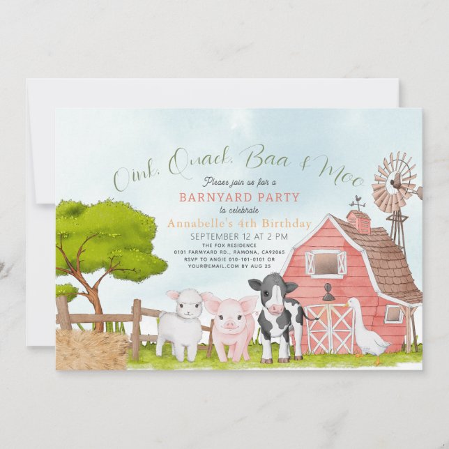 Farm Animals Barnyard Watercolor Kids Birthday Invitation (Front)