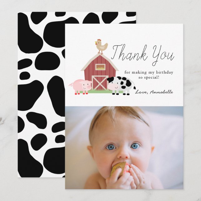 Farm Animals Barnyard White Birthday Thank You Invitation (Front/Back)