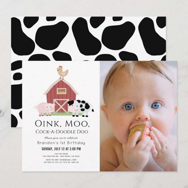 Farm Animals Barnyard White Photo 1st Birthday Invitation (Front/Back)