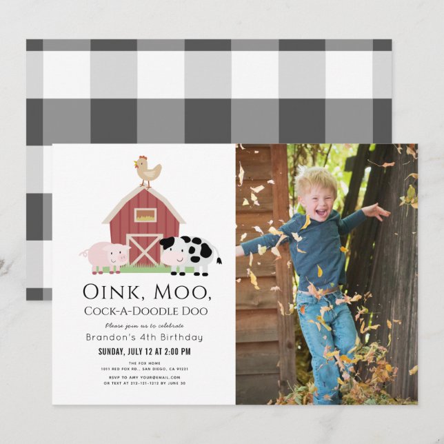 Farm Animals Barnyard White Photo Birthday Invitat Invitation (Front/Back)