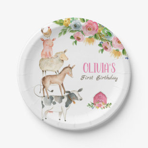 Farm Animals Barnyard Zoo Party Girl Pink Birthday Paper Plate