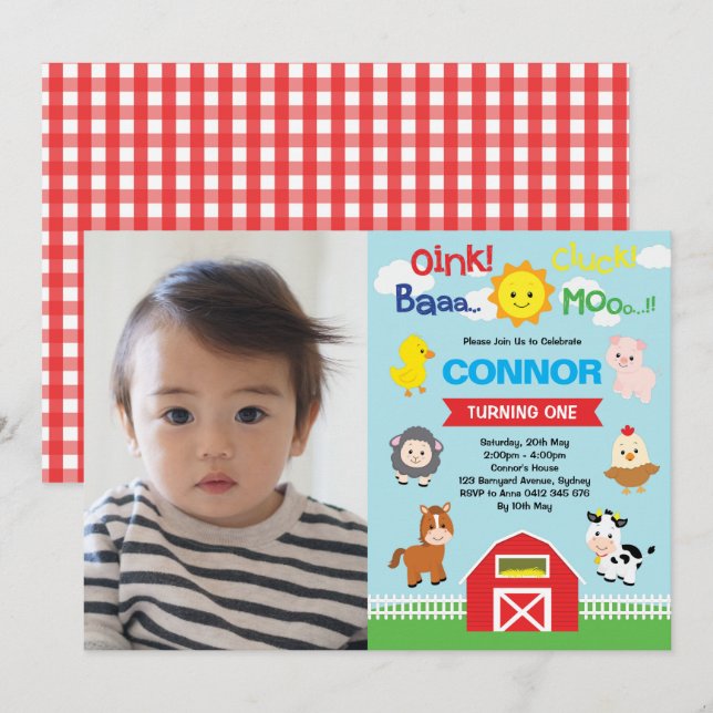Farm Animals Birthday Barnyard Petting Zoo Photo Invitation (Front/Back)