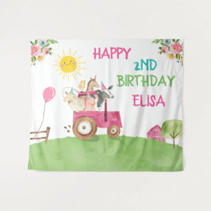 Farm Animals Birthday Barnyard Pink Girl Banner Tapestry