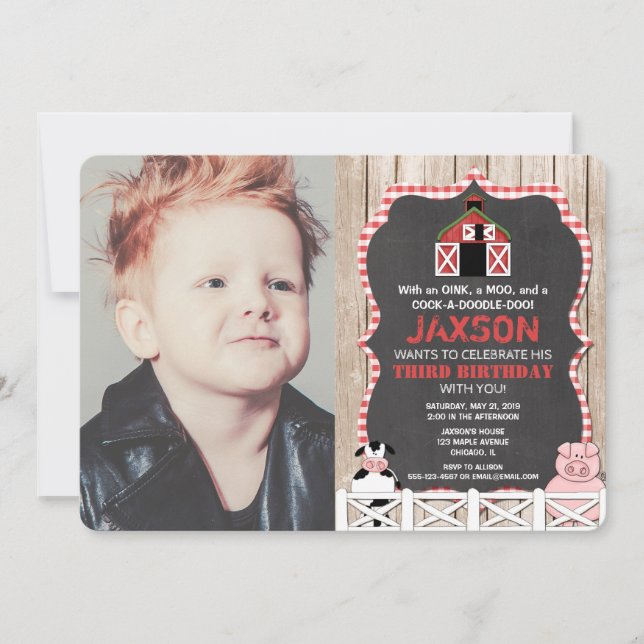 Farm animals birthday boy red black photo invitation (Front)