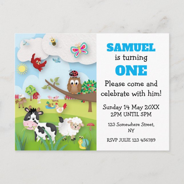 Farm Animals Birthday Invitation Postcard (Front)