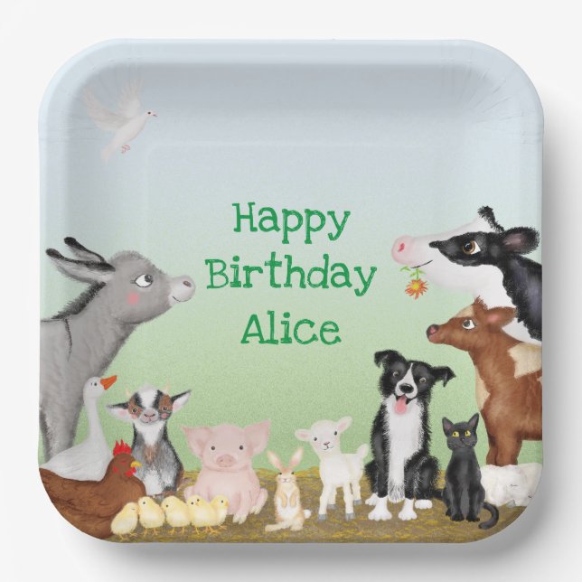 Farm animals birthday party square paper plate (Front)