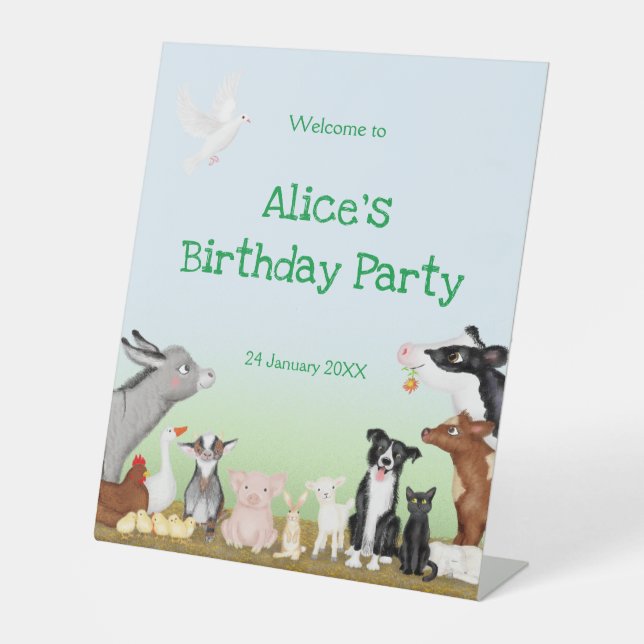Farm animals birthday party welcome pedestal sign (Front)