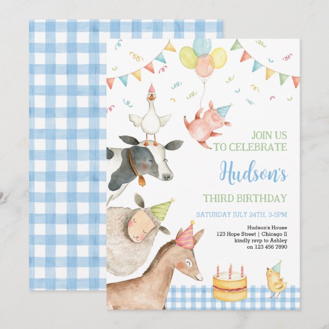 Farm Animals Blue Barnyard Girl Boy 3rd Birthday   Invitation (Front/Back)