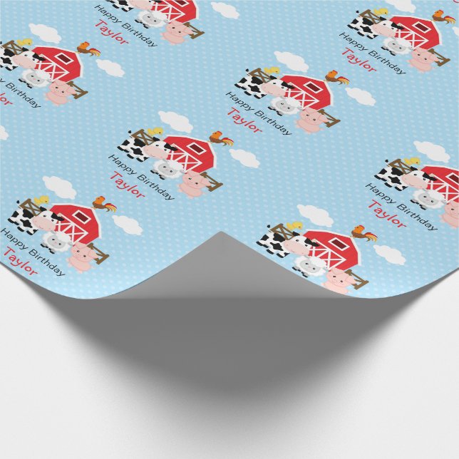 Farm Animals (Blue) Boy Birthday Personalized Wrapping Paper (Corner)