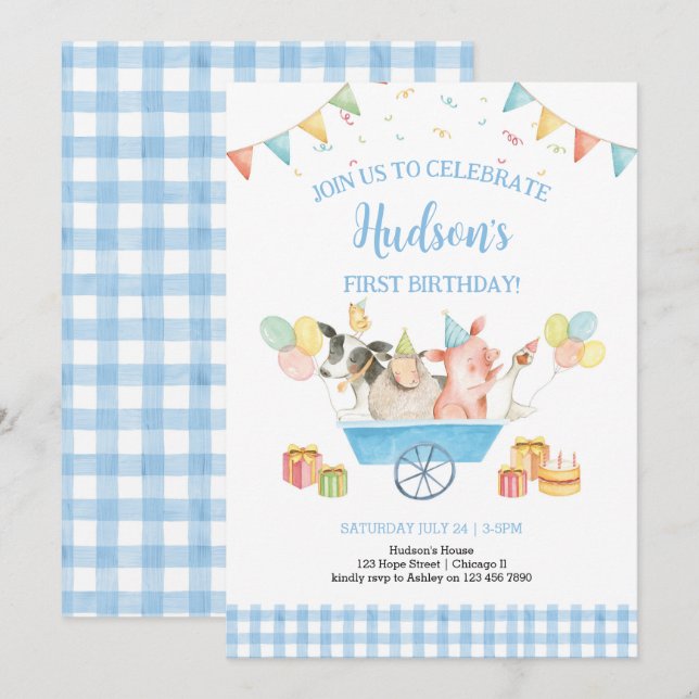 Farm Animals Blue Gingham Boy Girl First Birthday  Invitation (Front/Back)