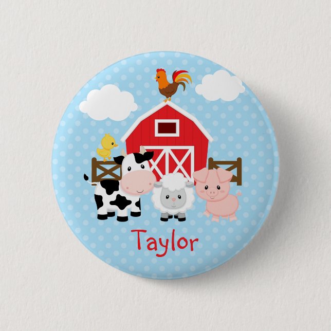 Farm Animals (Blue) Personalized Kids Buttons (Front)