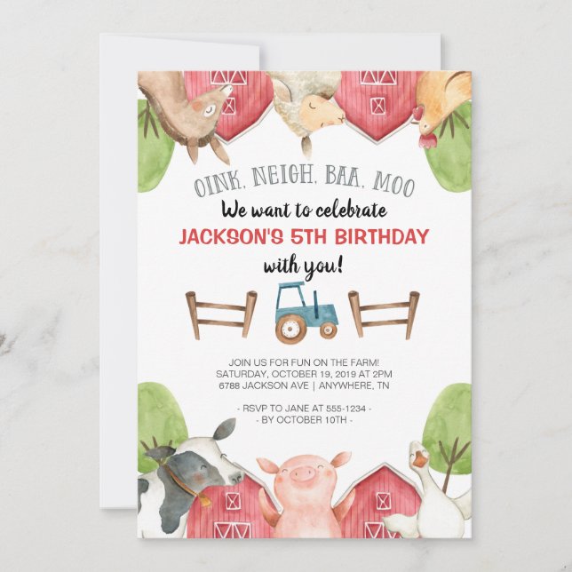 Farm Animals Boy Birthday Invitations (Front)
