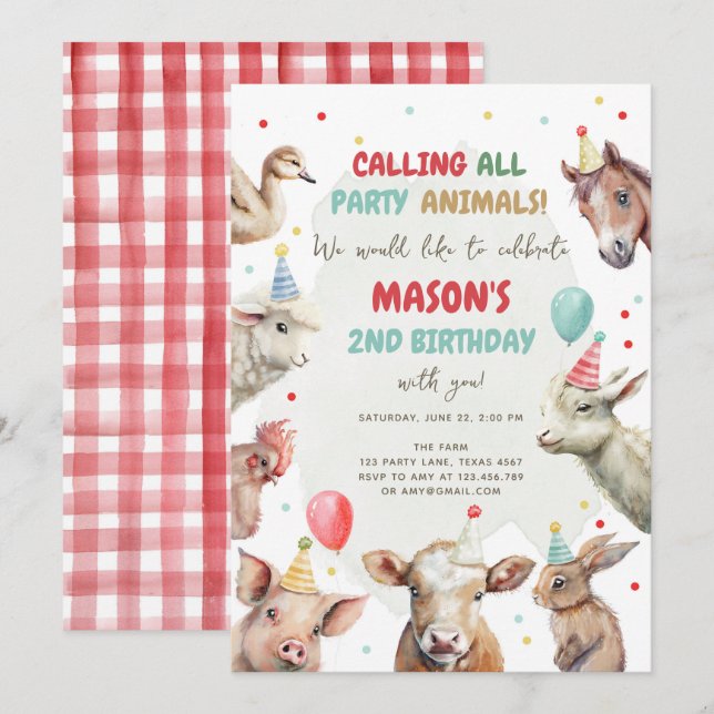 Farm Animals Boy Calling Party Animals Birthday In Invitation (Front/Back)