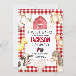 Farm Animals Boy Red Gingham Barnyard Birthday Inv Invitation