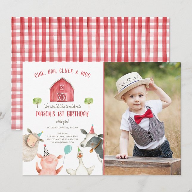 Farm Animals Boy Red Gingham Barnyard Birthday Invitation (Front/Back)