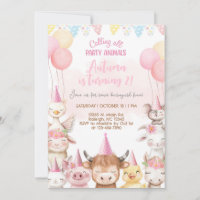 Farm animals close-up girl birthday invitation.