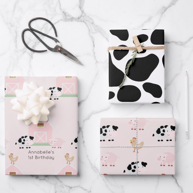 Farm Animals & Cow Pattern Pink Birthday Wrapping Paper Sheet (Front)