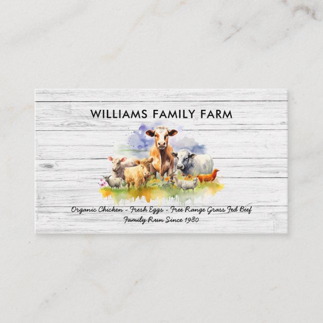 Farm Animals Cow Pig Chicken Watercolor Business Card (Front)