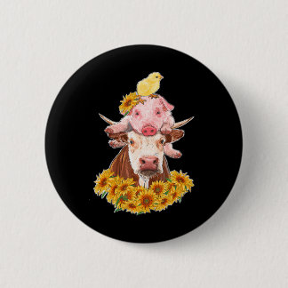 Farm Animals Cow Pig Chicken with Sunflowers 2 Inch Round Button