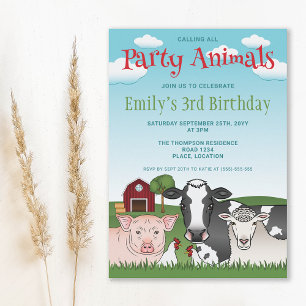 Farm Animals Cow Pig Sheep Kid's Colourful Birthda Invitation