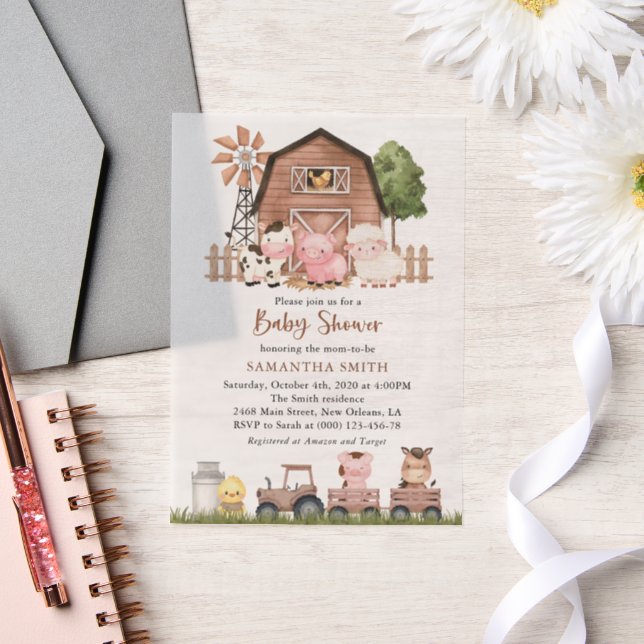 Farm Animals, Cute Animals, Barn, Baby Shower Vellum Invitations (Wedding)