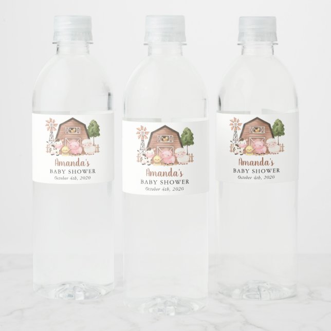 Farm Animals, Cute Animals, Barn, Baby Shower Water Bottle Label (Bottles)