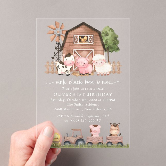 Farm Animals, Cute Animals, Barn, First Birthday Acrylic Invitations (Insitu (Handheld))