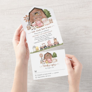 Farm Animals, Cute Animals, Barn, First Birthday All In One Invitation