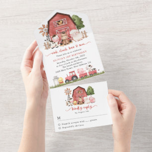 Farm Animals, Cute Animals, Barn, First Birthday All In One Invitation