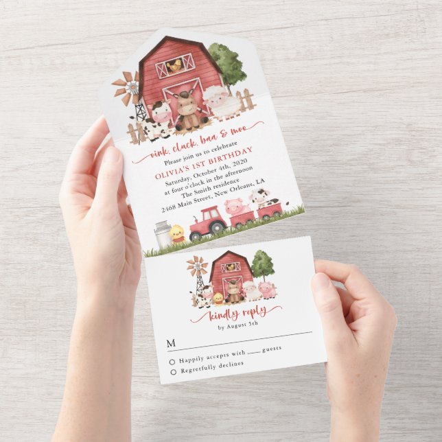 Farm Animals, Cute Animals, Barn, First Birthday All In One Invitation (Tearaway)