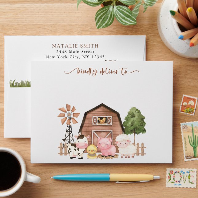 Farm Animals, Cute Animals, Barn, First Birthday Envelope (Desk)
