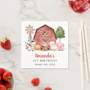 Farm Animals, Cute Animals, Barn, First Birthday Napkin