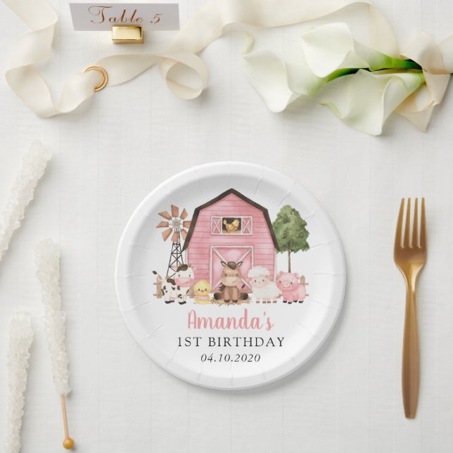 Farm Animals, Cute Animals, Barn, First Birthday Paper Plate (Wedding)