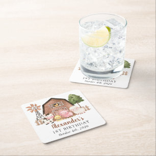 Farm Animals, Cute Animals, Barn, First Birthday Square Paper Coaster