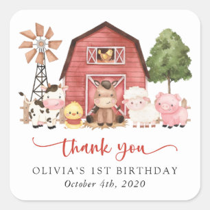 Farm Animals, Cute Animals, Barn, First Birthday Square Sticker