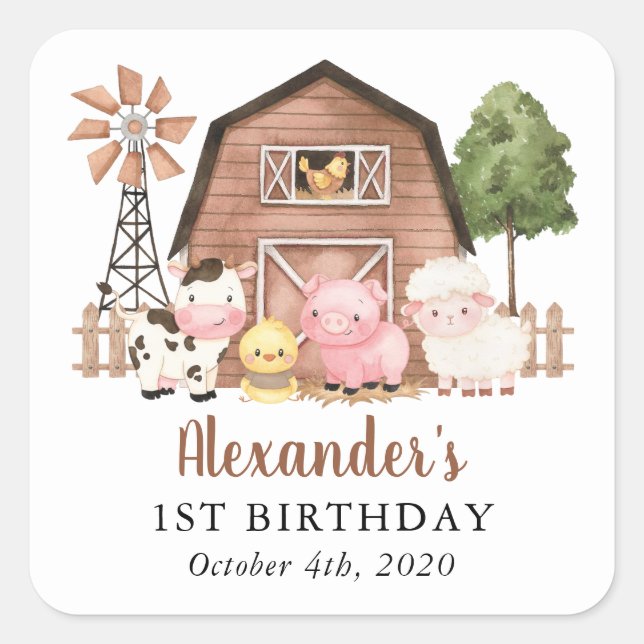 Farm Animals, Cute Animals, Barn, First Birthday Square Sticker (Front)