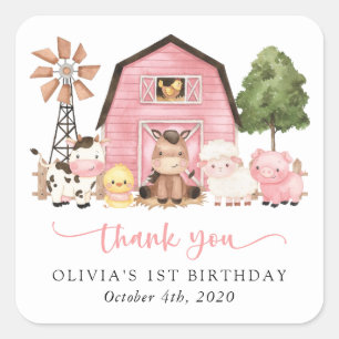 Farm Animals, Cute Animals, Barn, First Birthday Square Sticker