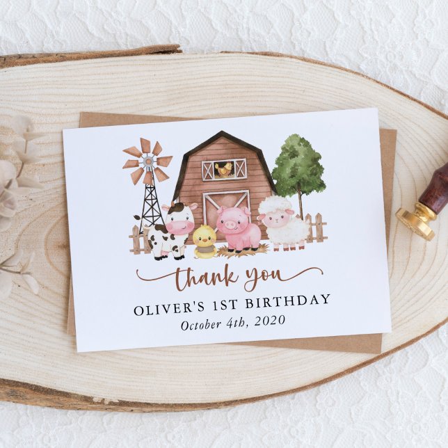 Farm Animals, Cute Animals, Barn, First Birthday Thank You Card (Creator Uploaded)
