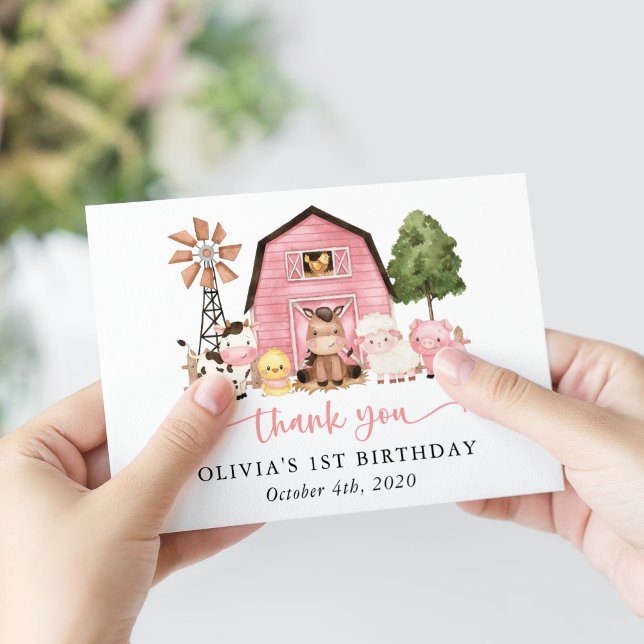 Farm Animals, Cute Animals, Barn, First Birthday Thank You Card (Creator Uploaded)