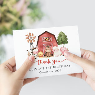 Farm Animals, Cute Animals, Barn, First Birthday Thank You Card