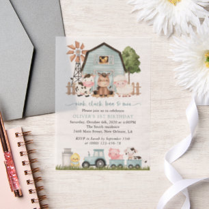 Farm Animals, Cute Animals, Barn, First Birthday Vellum Invitations