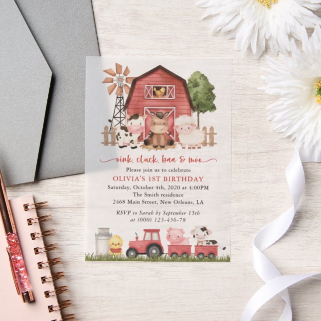 Farm Animals, Cute Animals, Barn, First Birthday Vellum Invitations (Wedding)