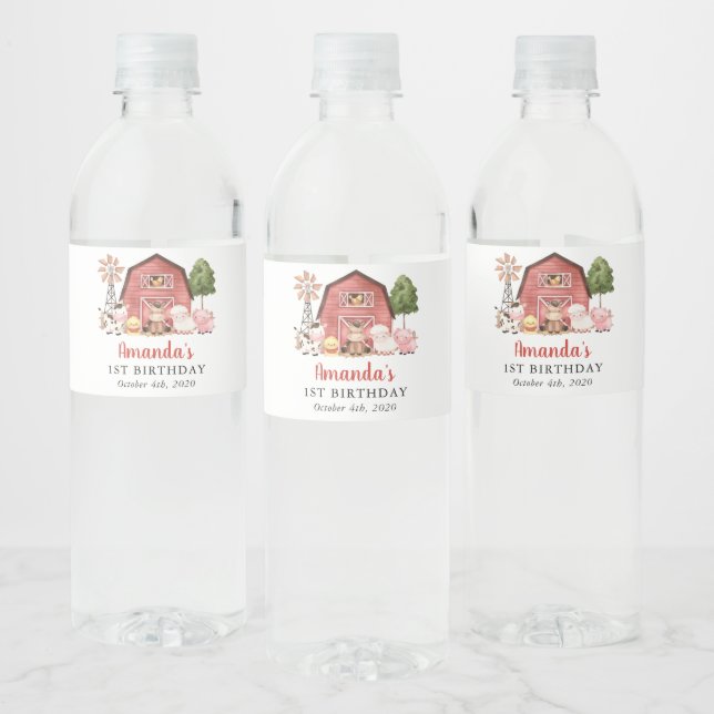 Farm Animals, Cute Animals, Barn, First Birthday Water Bottle Label (Bottles)